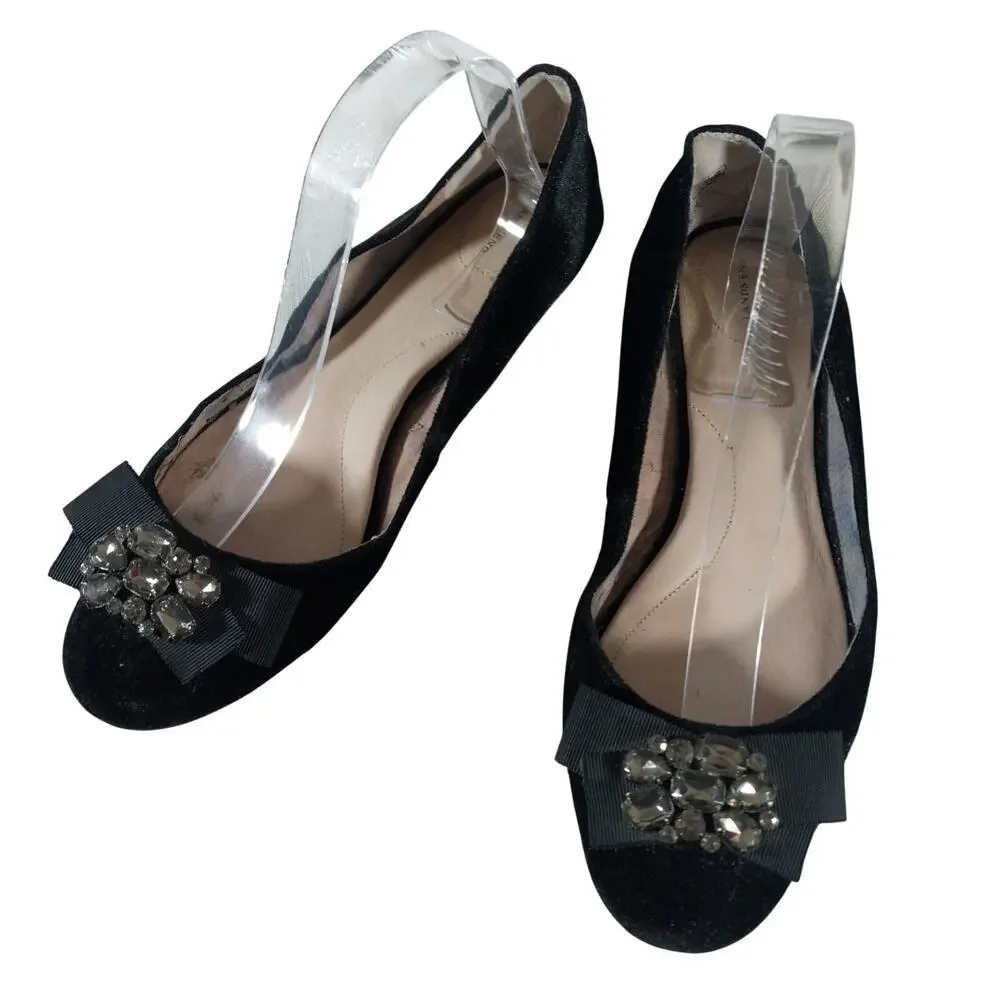 LANDS' END! BLACK VELVET & GROSGRAIN RIBBON BOW, RHINESTONE FLATS! SZ 9.5B